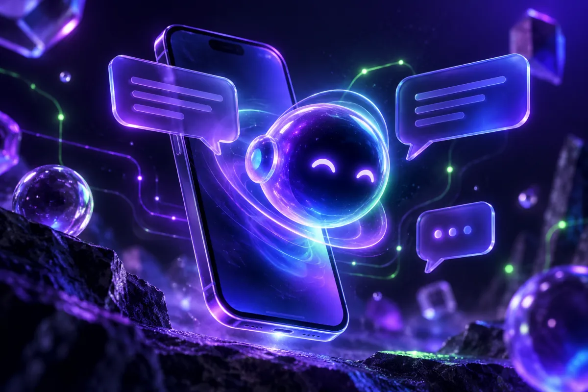Celular flutuando com balões de conversa em vidro e um assistente de IA brilhante saindo da tela