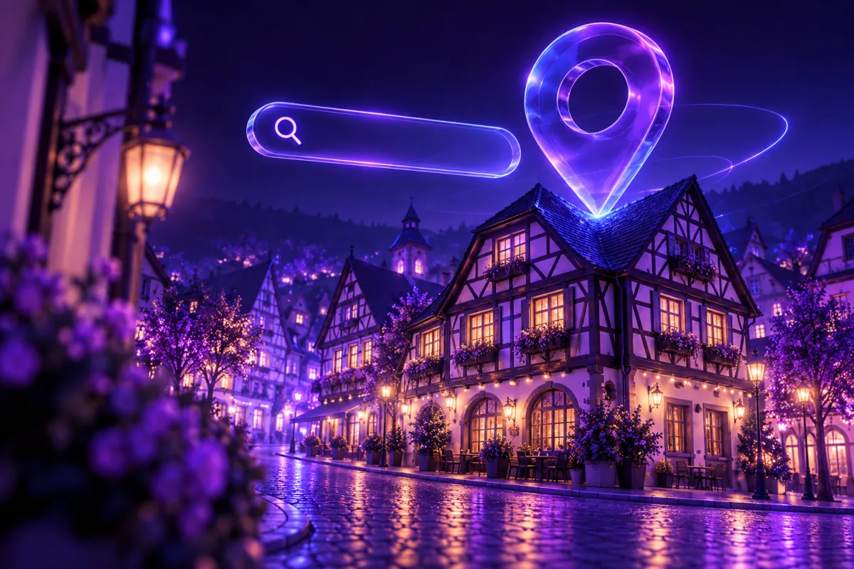 Rua com construções em estilo enxaimel iluminadas em neon roxo e um grande pino de mapa de vidro acima