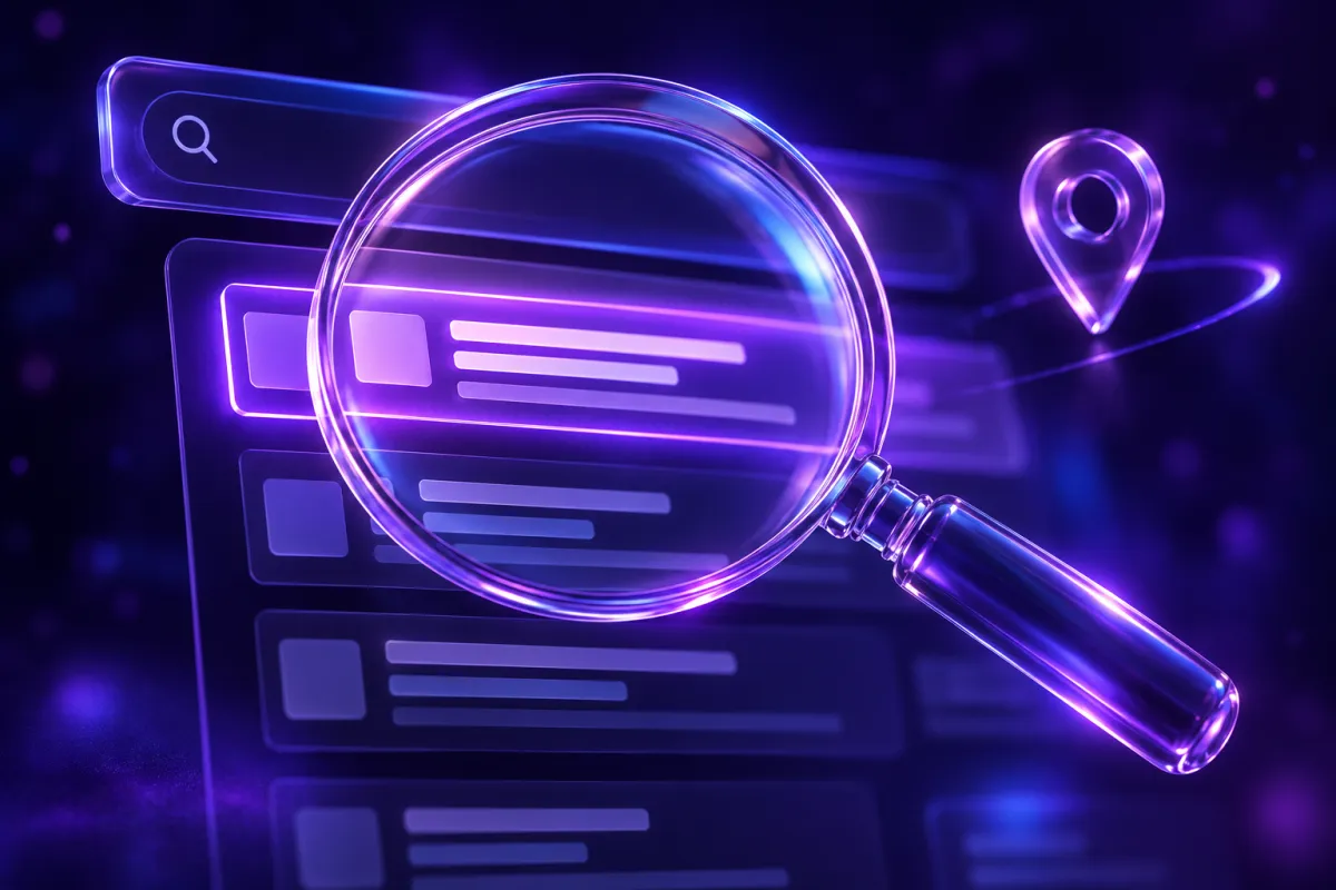 Lupa de vidro roxo sobre uma lista de resultados de busca com o primeiro resultado destacado e um pino de mapa ao lado