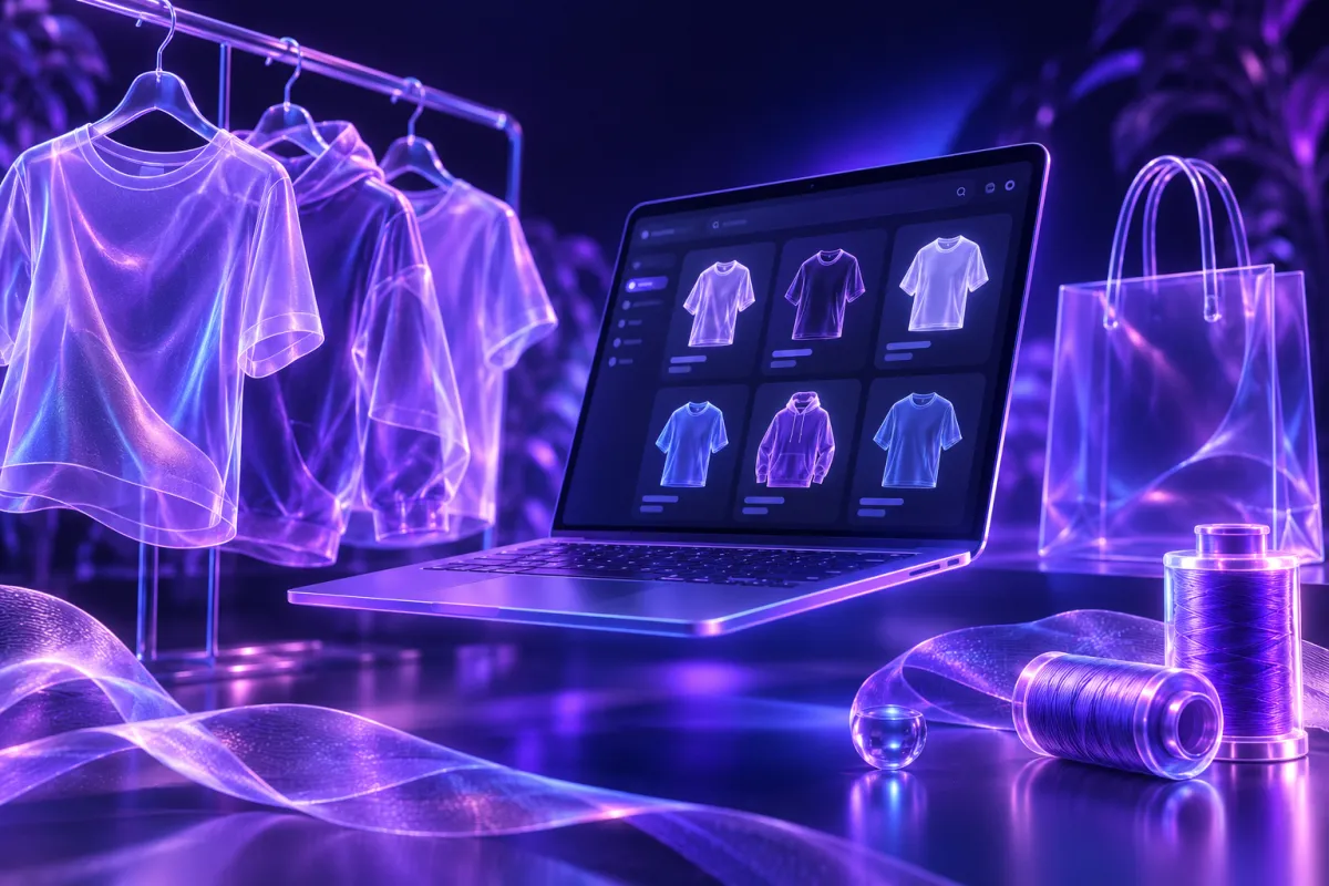 Roupas em cabides de tecido translúcido brilhante, um notebook com uma loja virtual de camisetas e carretéis de linha roxos