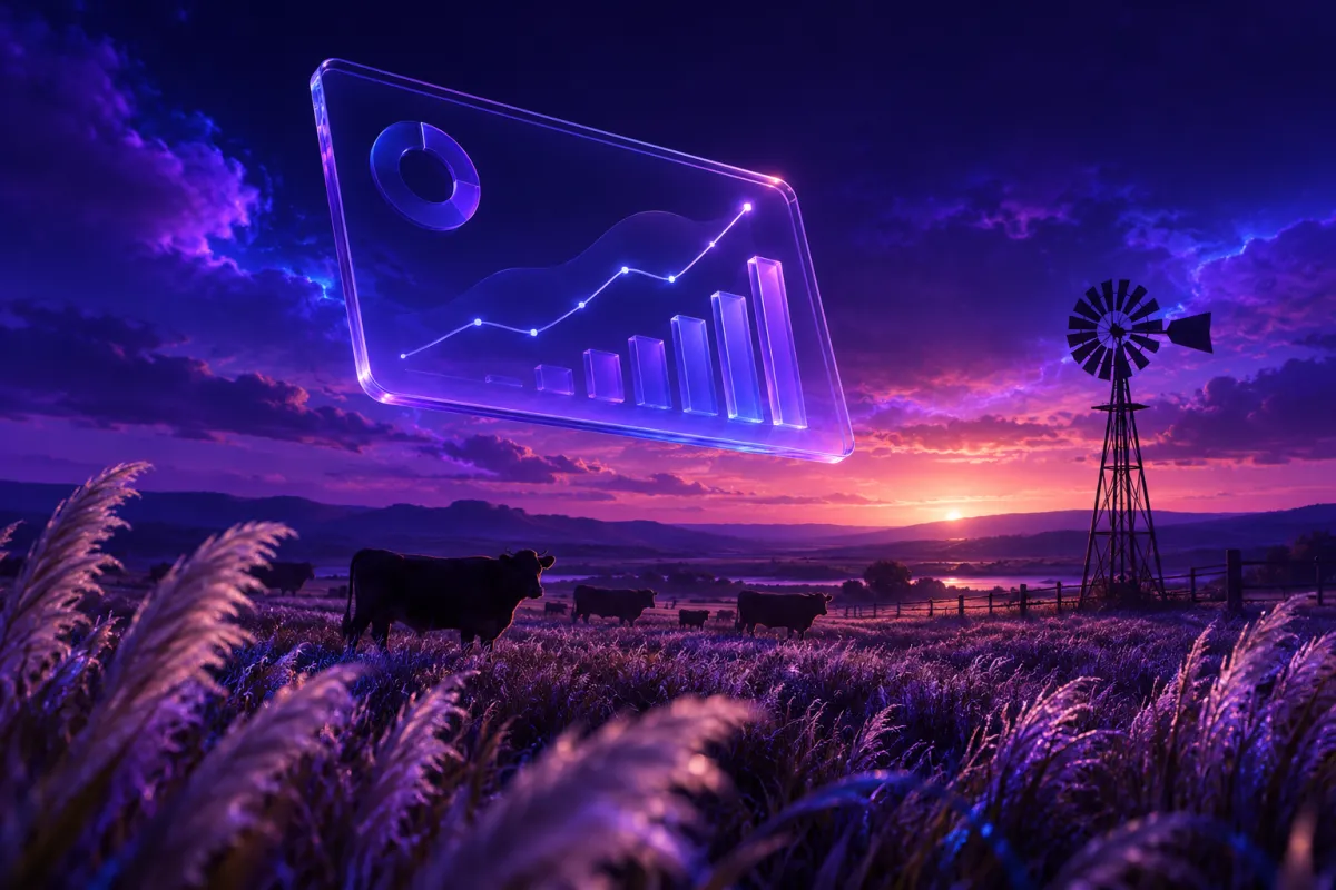 Campos do pampa ao entardecer com silhuetas de gado e um cata-vento, e um tablet de vidro com gráficos de crescimento
