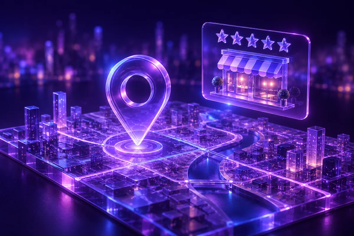 Mapa estilizado de vidro com um grande pino de localização brilhante e um cartão de empresa com cinco estrelas