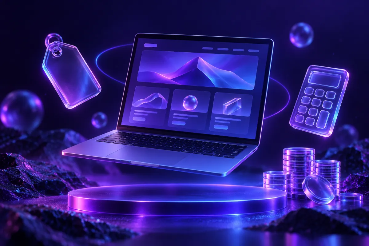Notebook flutuando com um site na tela, cercado por etiqueta de preço, calculadora e moedas em vidro roxo