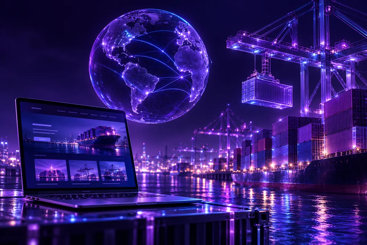 Porto à noite com contêineres empilhados e um guindaste, um globo de vidro com rotas brilhantes e um notebook