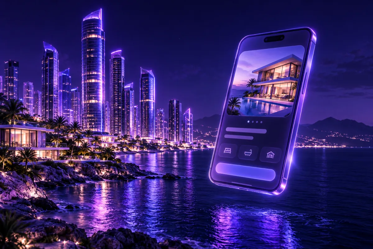 Orla com arranha-céus modernos à noite e um celular flutuando com o anúncio de um imóvel
